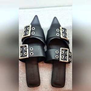 New US 7 ASOS Design Black Double Buckle Mule Flats